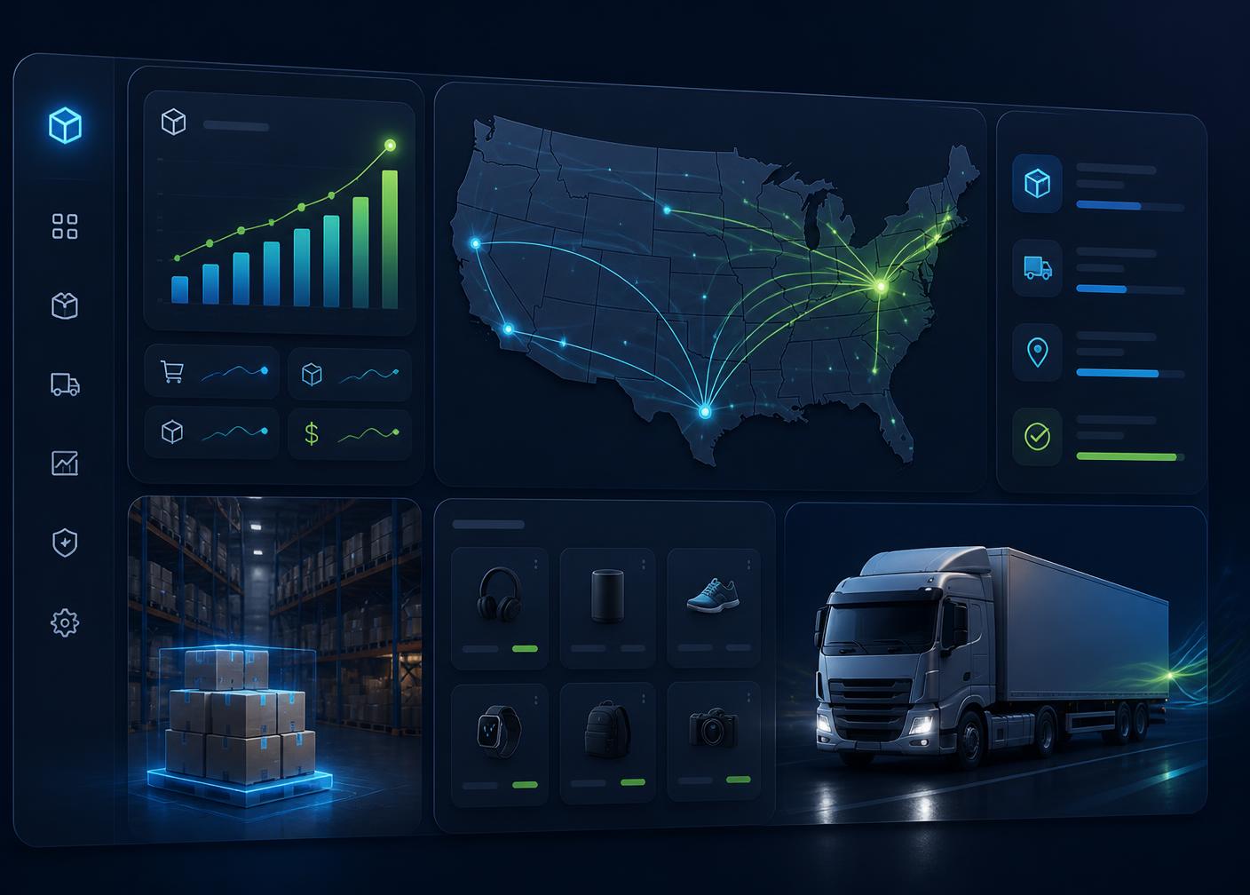 Shanto Drop warehouse dashboard showing US shipping routes, live order analytics, and same-day fulfillment